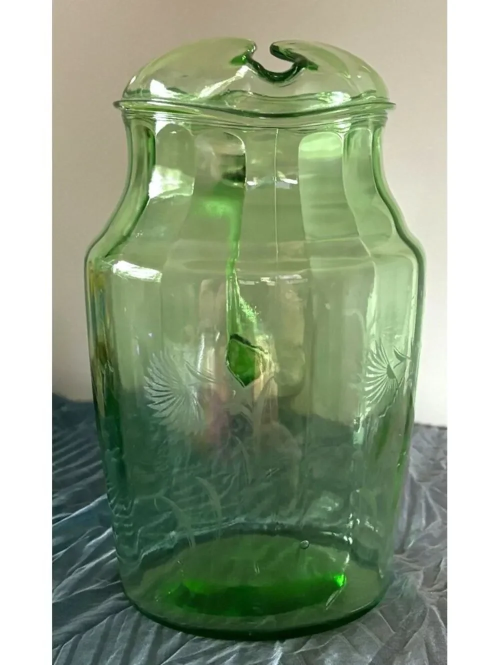 Vintage Uranium Glass Pitcher Green Etched Floral UV Reactive Depression Era